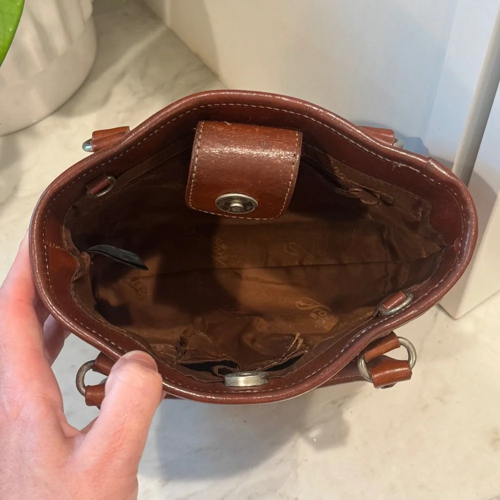 Fossil Mini Tote Hand Bag Womens Small Brown Leather Vintage Contrast Stitch